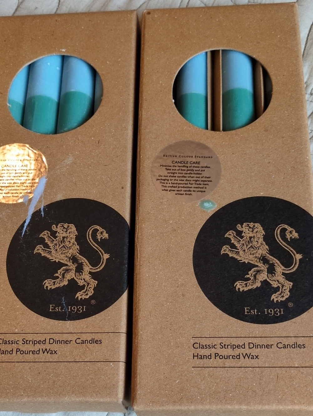 British Colour Standard Classic Striped Dinner Candles in Green and Light Blue